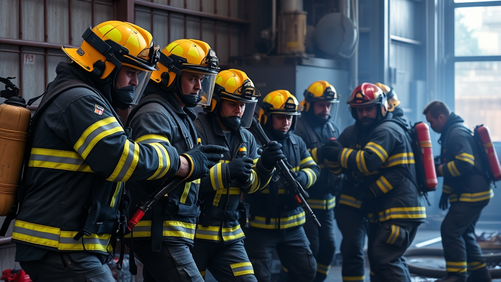 Fire academy training simulation with multiple trainees in protective equipment practicing rescue techniques, no text no words no letters