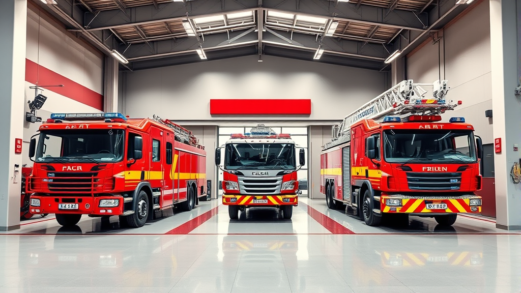 Modern fire station with emergency vehicles and equipment, professional firefighting apparatus display, no text no words no letters