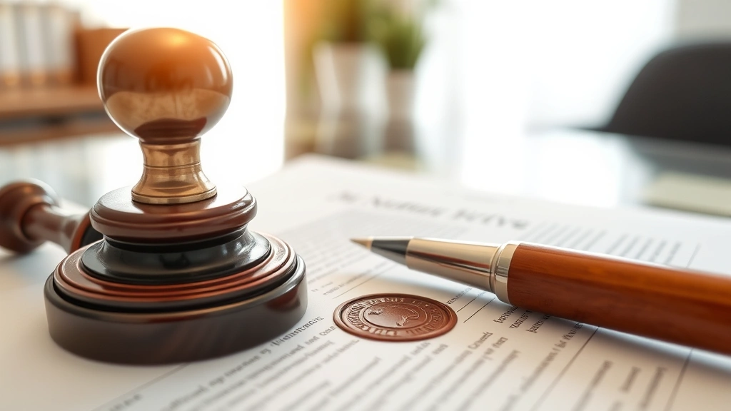A professional notary seal and stamp resting on official documents with a pen, showcasing the tools of the trade in a clean office environment with natural lighting