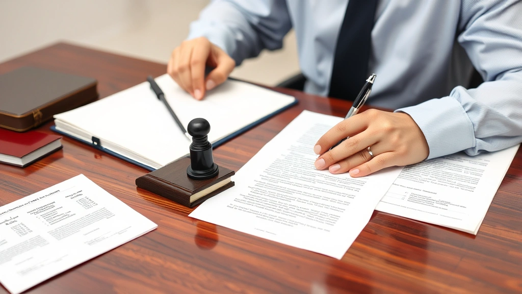 Professional notary public stamping and signing official documents at an organized desk with journal, ink pad, and government-issued documents