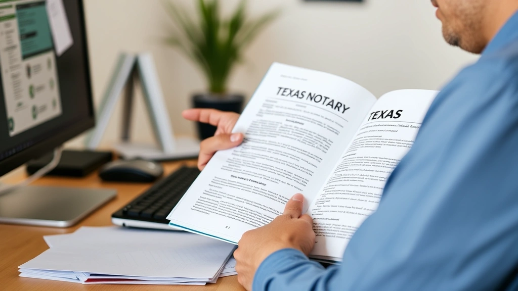 Someone reviewing the Texas Notary Public Handbook at a desk with a computer, studying materials for their notary exam preparation with focused concentration