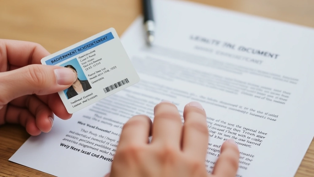 Close-up of hands verifying government photo identification card against a completed legal document during notarization process
