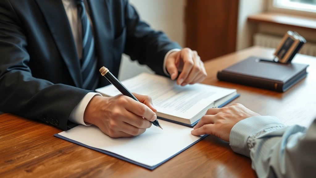 A notary performing an official act, verifying identification documents of a client and carefully recording details in a notary journal at a professional desk