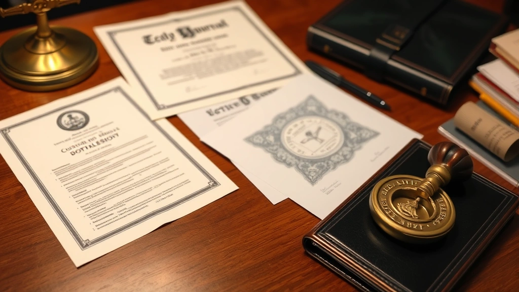Notary public's desk workspace showing notary seal, commission certificate, official journal, and various legal documents ready for notarization