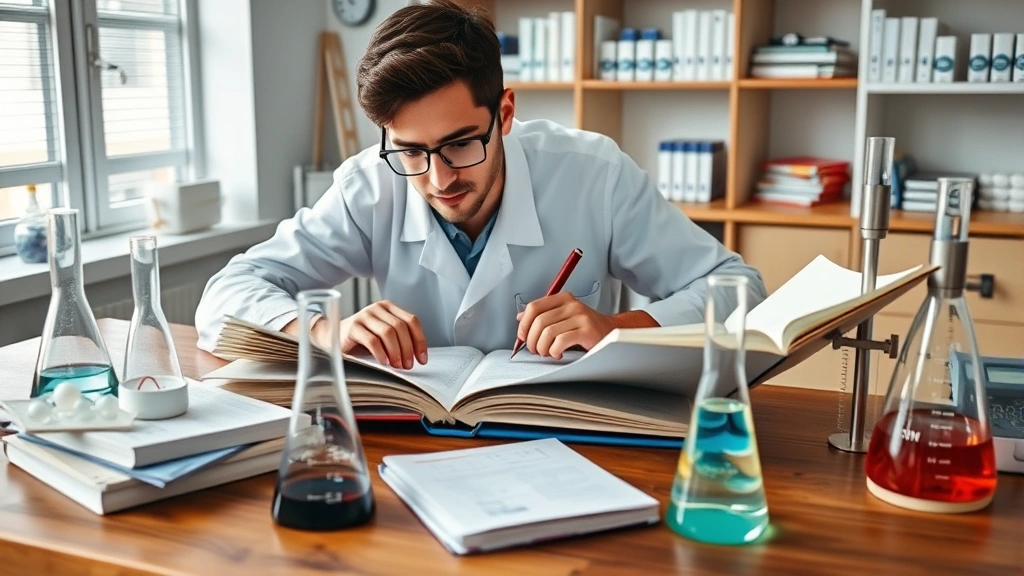 Pharmacy student studying pharmaceutical chemistry textbooks and notes at wooden desk with beakers and molecular models