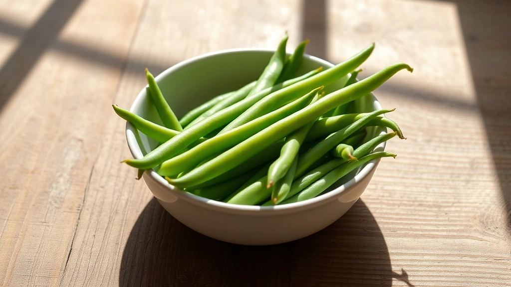 Fresh bright green beans in a white ceramic bowl on a rustic wooden table with natural sunlight streaming across the surface