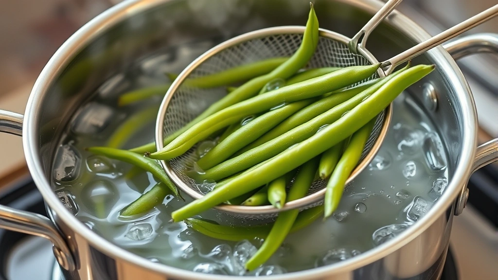 Stainless steel pot with vigorously boiling water and fresh green beans being carefully lowered with a spider strainer, steam rising