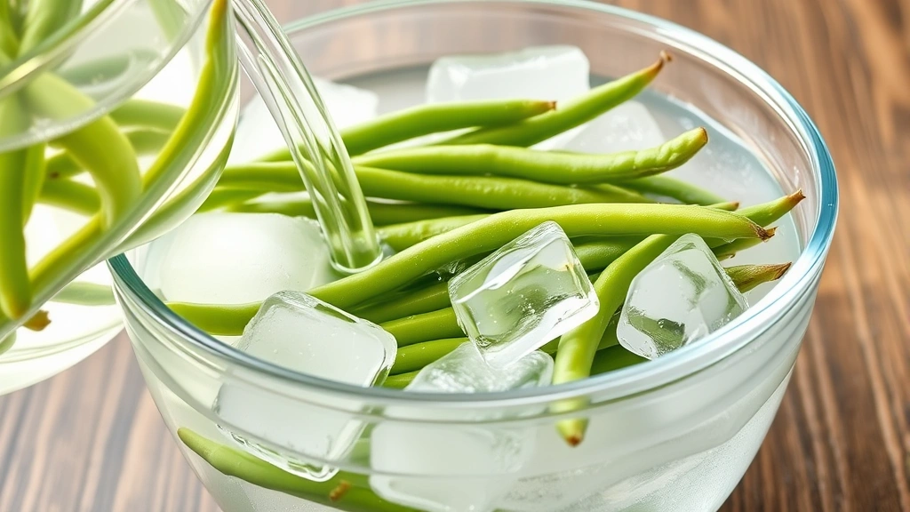 Green beans transitioning from hot water into a glass bowl filled with ice water and ice cubes, showing the ice bath cooling process