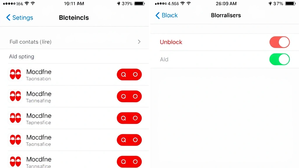 iPhone screen displaying blocked contacts list in Settings, showing multiple entries with red block icons and unblock options visible