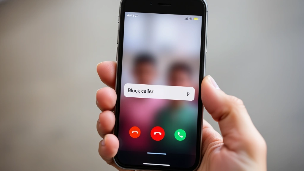Person holding iPhone during an incoming call, showing call blocking interface with red decline button and block caller option prominently displayed