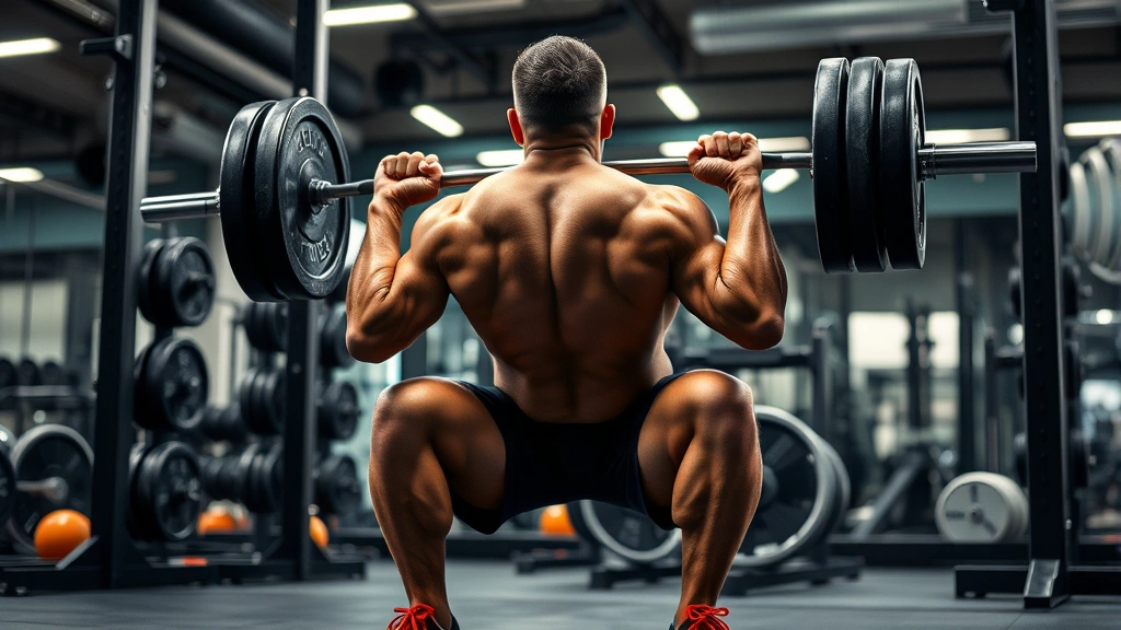 A muscular person performing a heavy barbell squat in a modern gym with proper form and intensity visible