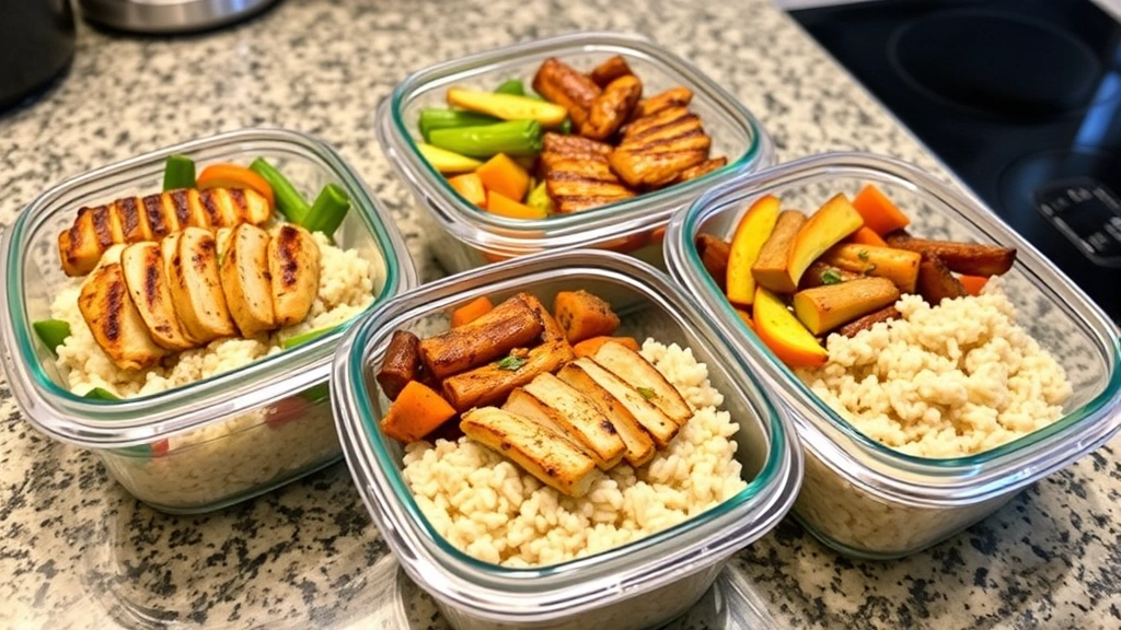 Organized meal prep containers filled with grilled chicken, brown rice, and roasted vegetables on a kitchen counter