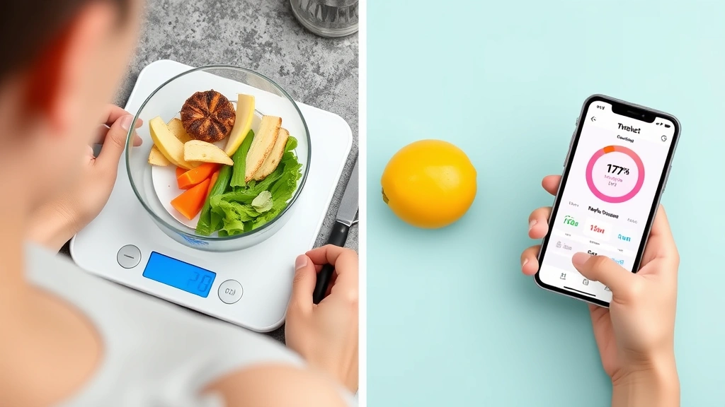 A person weighing and measuring food portions with a kitchen scale and tracking progress on a fitness app on their phone