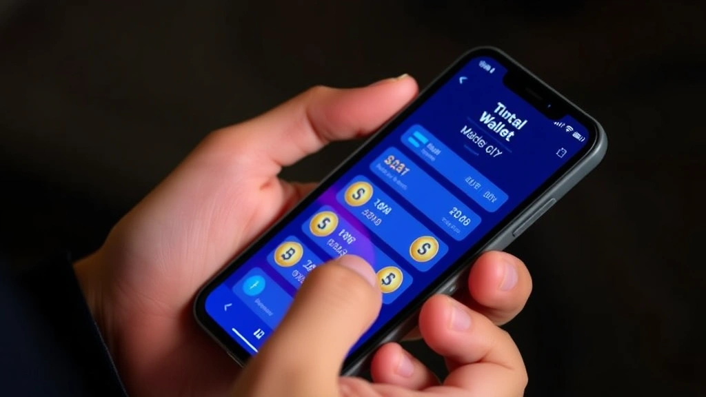 Close-up of hands holding a smartphone displaying a digital wallet interface with cryptocurrency tokens displayed on the screen