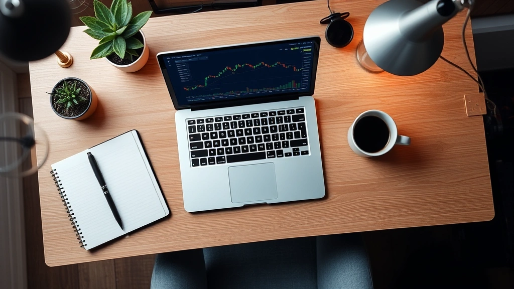 Overhead view of a modern desk workspace with laptop, notebook, and coffee cup showing cryptocurrency exchange dashboard with trading charts