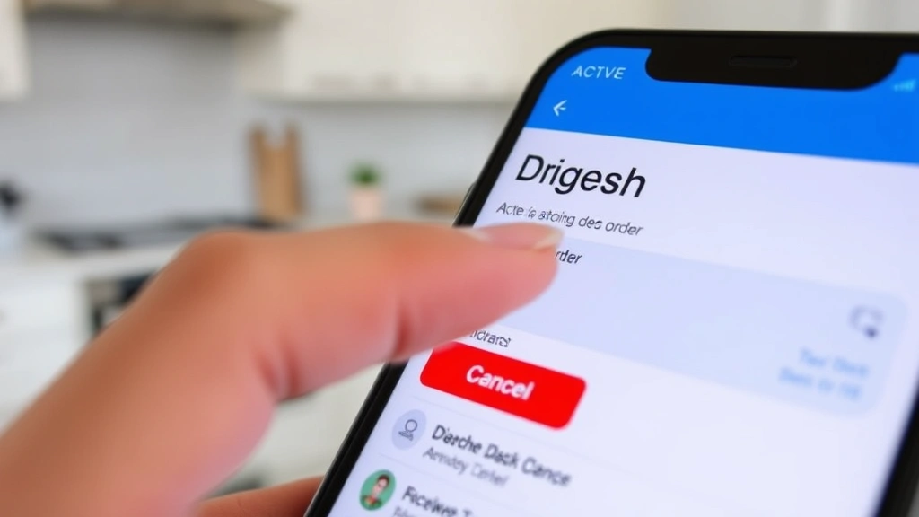 Close-up of a smartphone showing the DoorDash app interface with an active order displayed, finger hovering over a red cancel button, modern kitchen background slightly blurred
