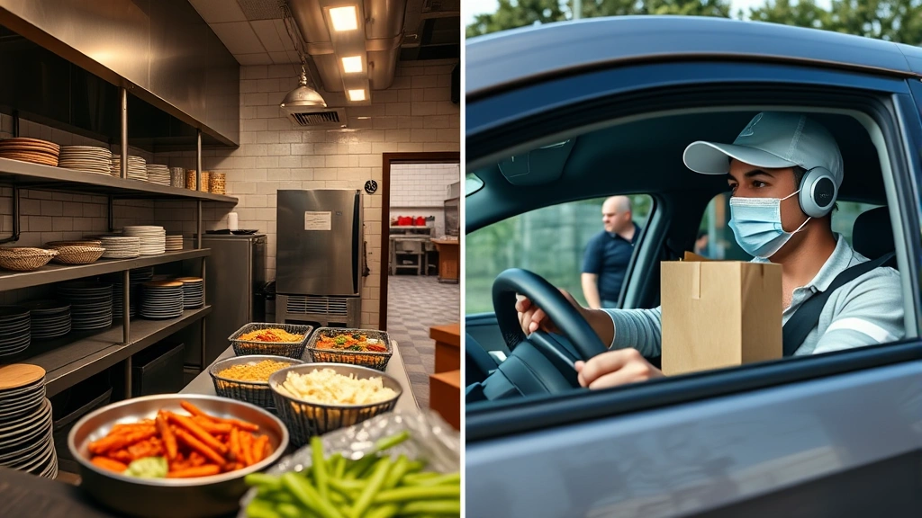 Split-screen comparison showing a restaurant kitchen preparing food on one side and a delivery driver in a car on the other side, representing different stages of order fulfillment