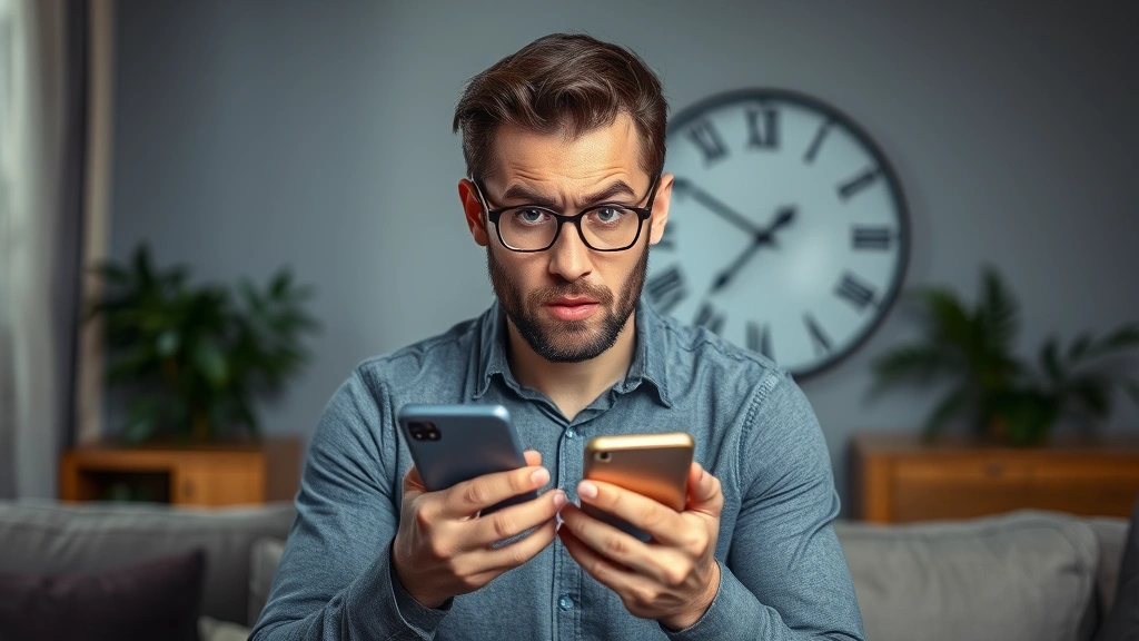 Frustrated person looking at their phone with a clock visible in the background, representing the time-sensitive nature of canceling orders, modern home setting