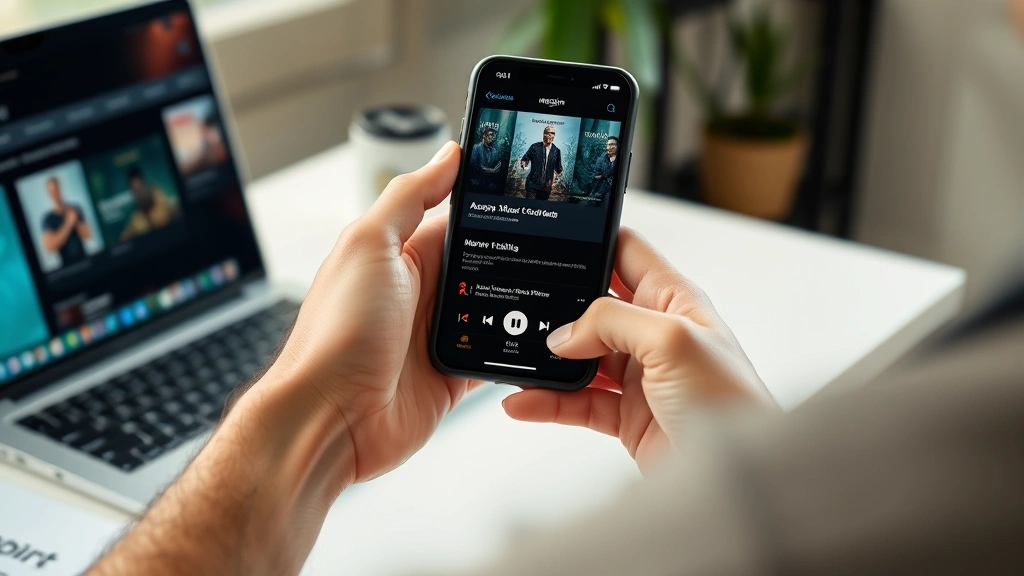 Person holding smartphone displaying Amazon Music app interface on screen, sitting at home office desk with laptop, natural lighting from window