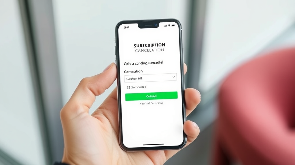 Person holding smartphone with subscription cancellation interface, modern clean background, no text no words no letters