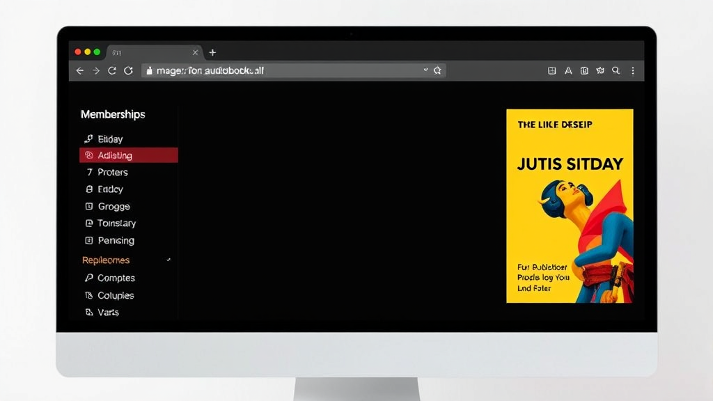 Digital audiobook library interface on computer screen with membership options displayed, no text no words no letters