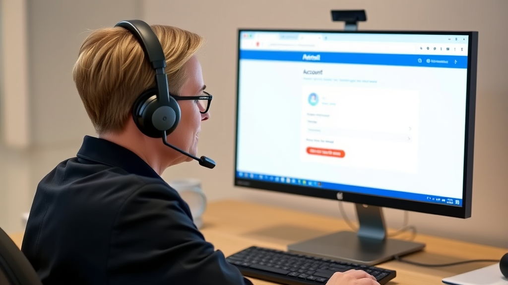 Customer service phone call setup with headset and computer showing account management page, no text no words no letters