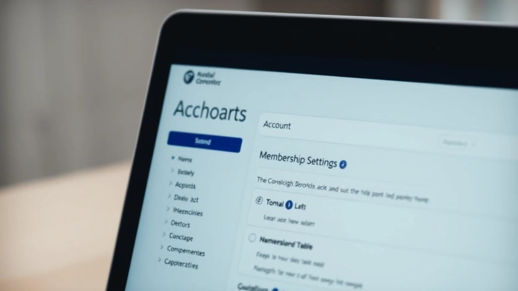 Close-up of a laptop screen showing a membership dashboard with account settings and profile information visible, minimalist design with soft lighting