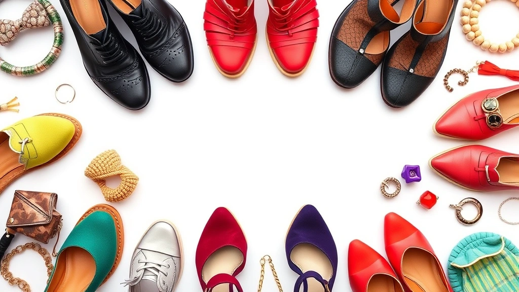 Flat lay of colorful shoes and accessories arranged neatly on a white background, displaying various stylish footwear and fashion items