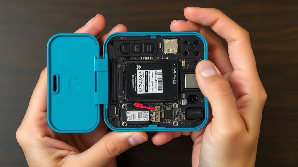 Hands opening AirTag back cover showing internal battery compartment and components, no text, no words, no letters