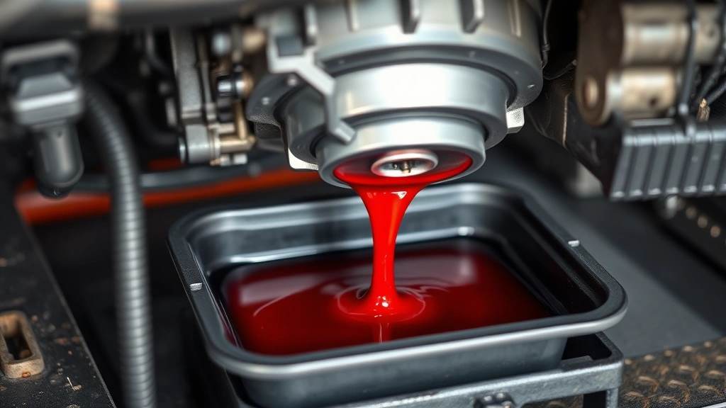 Close-up of transmission fluid drain pan positioned under vehicle transmission pan, showing red fluid draining into it, automotive workshop setting