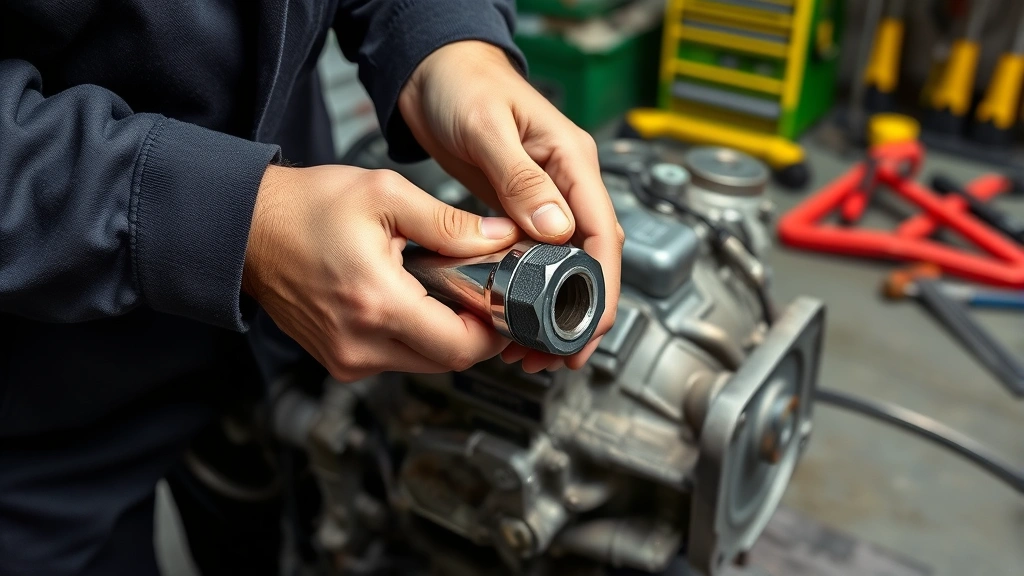 Mechanic's hands using socket wrench to remove transmission drain plug, transmission fluid visible, professional garage environment with tools nearby
