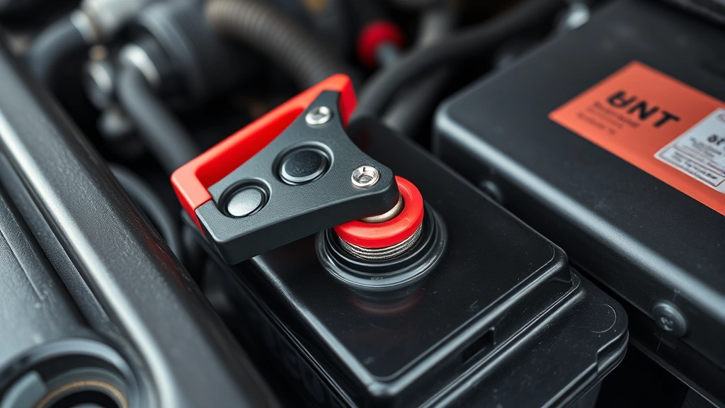Close-up of a red and black battery terminal clamp connected to a car battery in an engine bay, showing proper connection technique