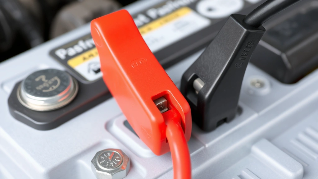Close-up of a car battery terminal with red and black cable clamps attached, showing proper connection points clearly