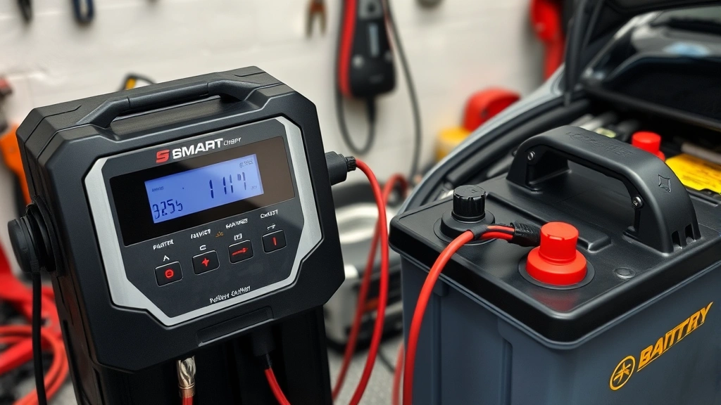 A smart battery charger with digital display connected to a car battery using red and black cables, in a garage setting with tools nearby