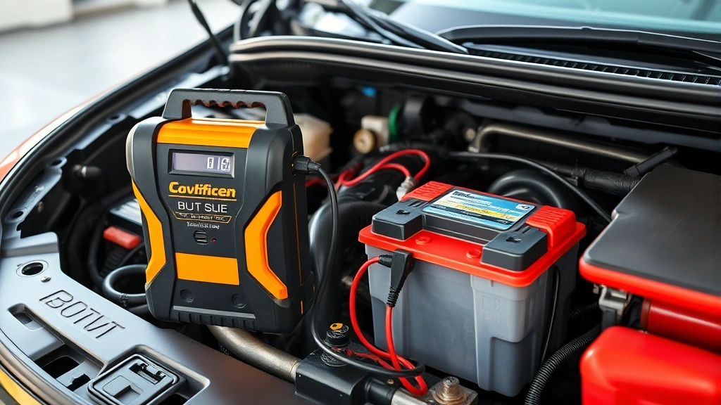 A battery charger unit connected to a vehicle battery in an open engine bay, demonstrating proper setup and positioning