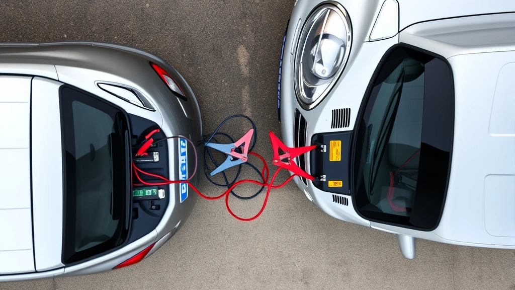 Two vehicles parked close together with jumper cables connecting their batteries, showing proper jump-starting setup from above angle
