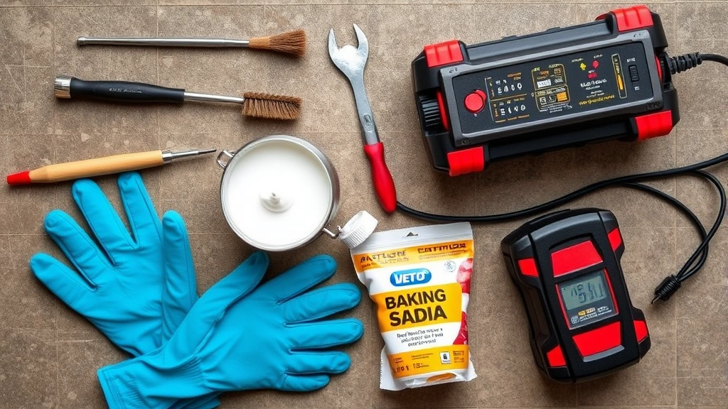 Overhead view of tools laid out for battery maintenance including wire brush, safety gloves, baking soda paste, and battery charger
