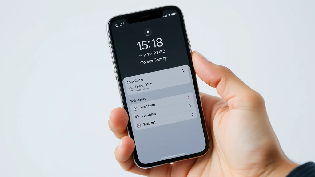Person holding iPhone showing Control Center screen with battery indicators and status information clearly visible, clean minimalist design