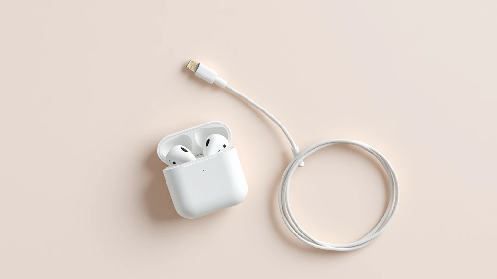 Overhead flat lay of AirPods charging case with Lightning cable coiled beside it, modern tech lifestyle aesthetic with neutral background