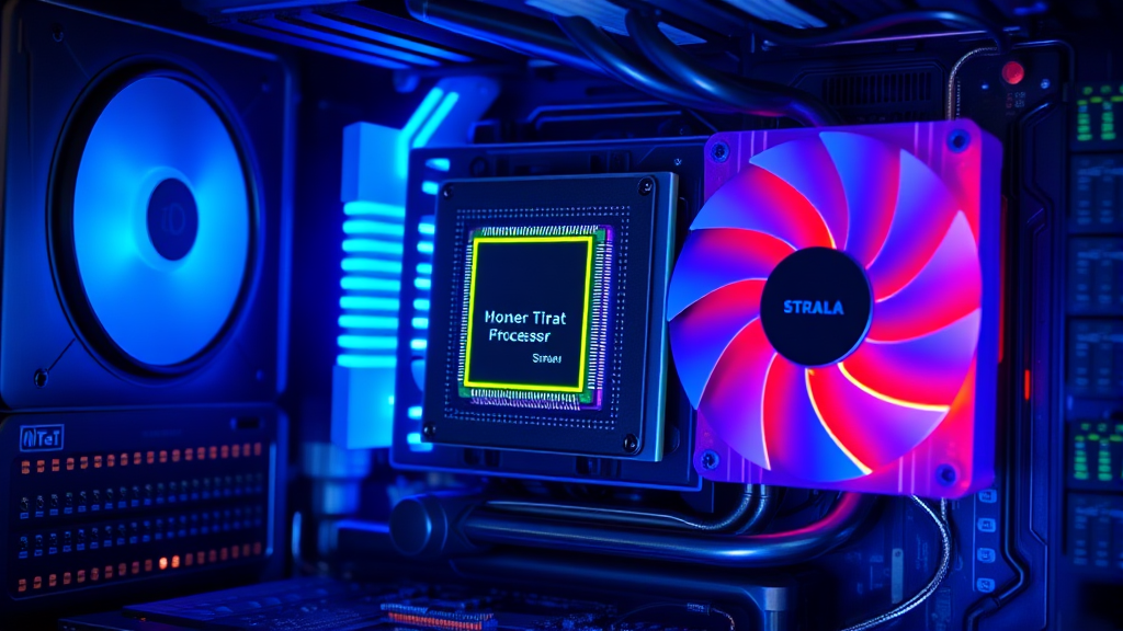 Computer processor with heat sink and cooling fan system, thermal monitoring display, no text no words no letters