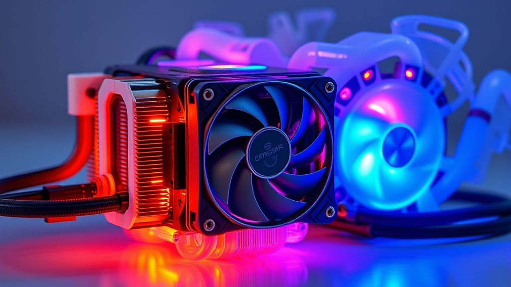 CPU cooling system with liquid cooler and thermal sensors, heat dissipation visualization, no text no words no letters