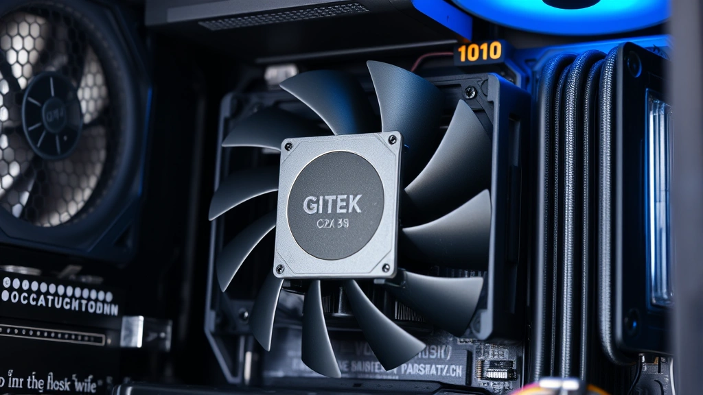 Close-up of a desktop computer's internal cooling system with CPU heatsink and fans, showing thermal paste application area, professional lighting, no text