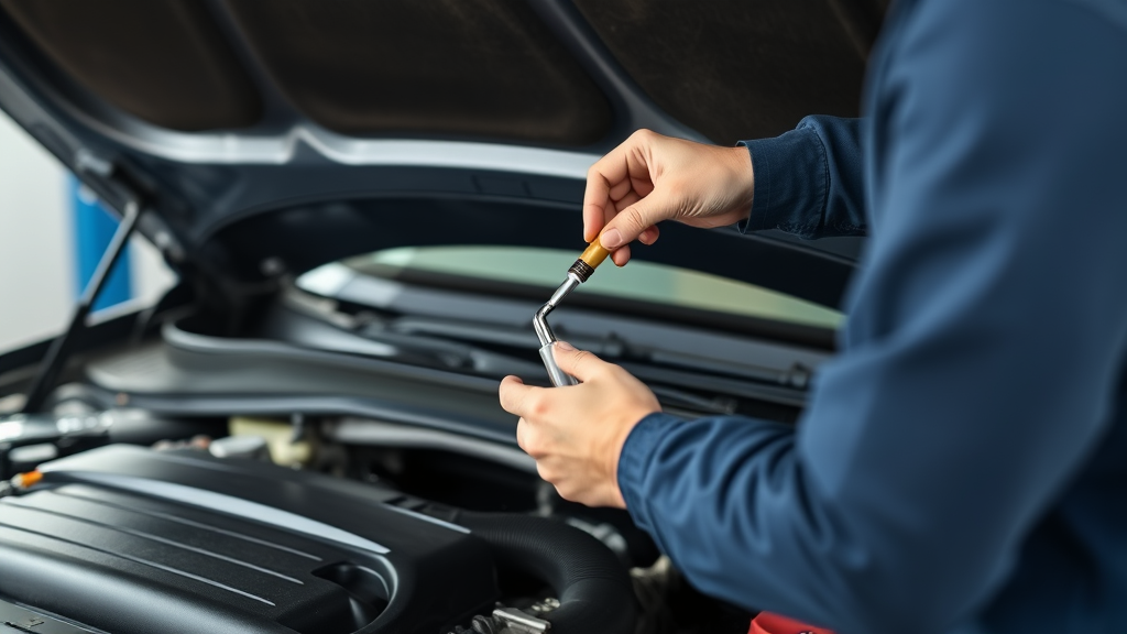 Professional mechanic checking engine oil dipstick under car hood, automotive maintenance, no text, no words, no letters