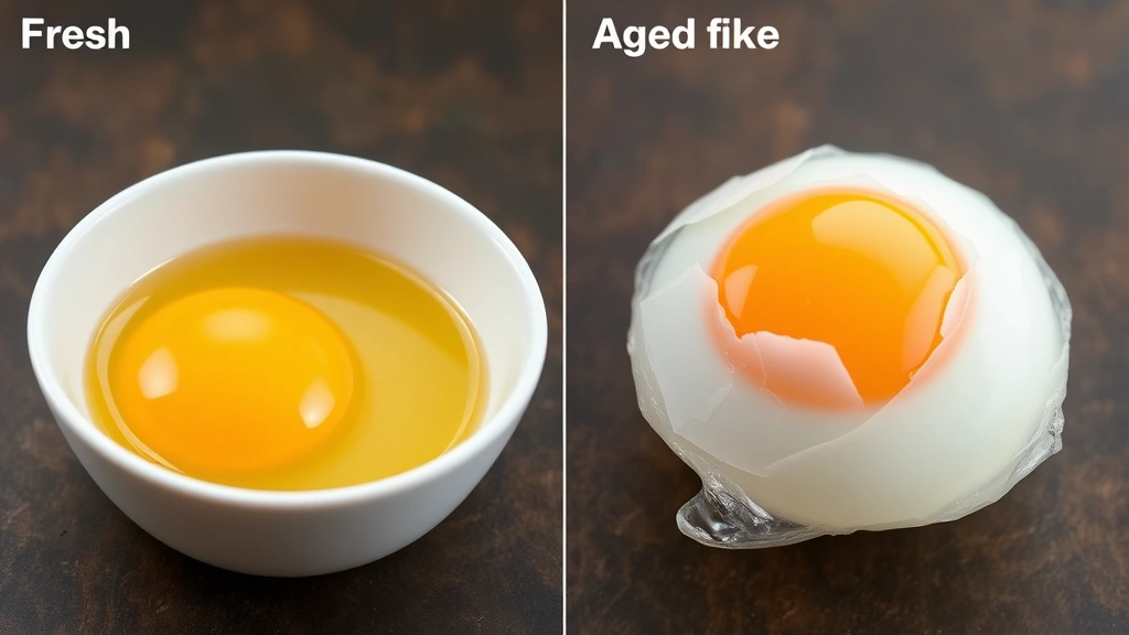 Split-screen comparison showing a fresh egg cracked into a white bowl with firm yolk and clear thick white, next to an aged egg with watery runny white and flat yolk