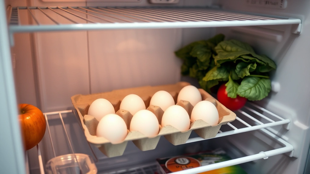 Open refrigerator shelf displaying eggs stored in their original cardboard carton positioned away from the door, with fresh produce visible nearby