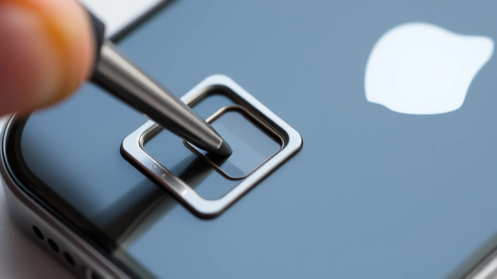 Close-up of iPhone SIM card tray being ejected with metal tool, showing the tiny hole and tray mechanism clearly