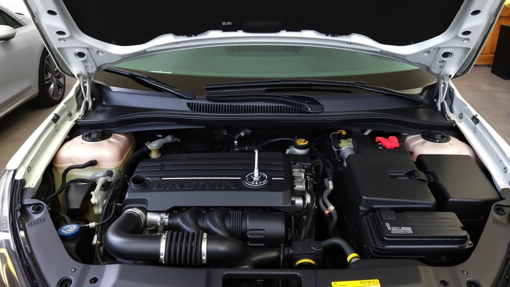 Car hood open showing transmission dipstick location in engine compartment, no text no words no letters