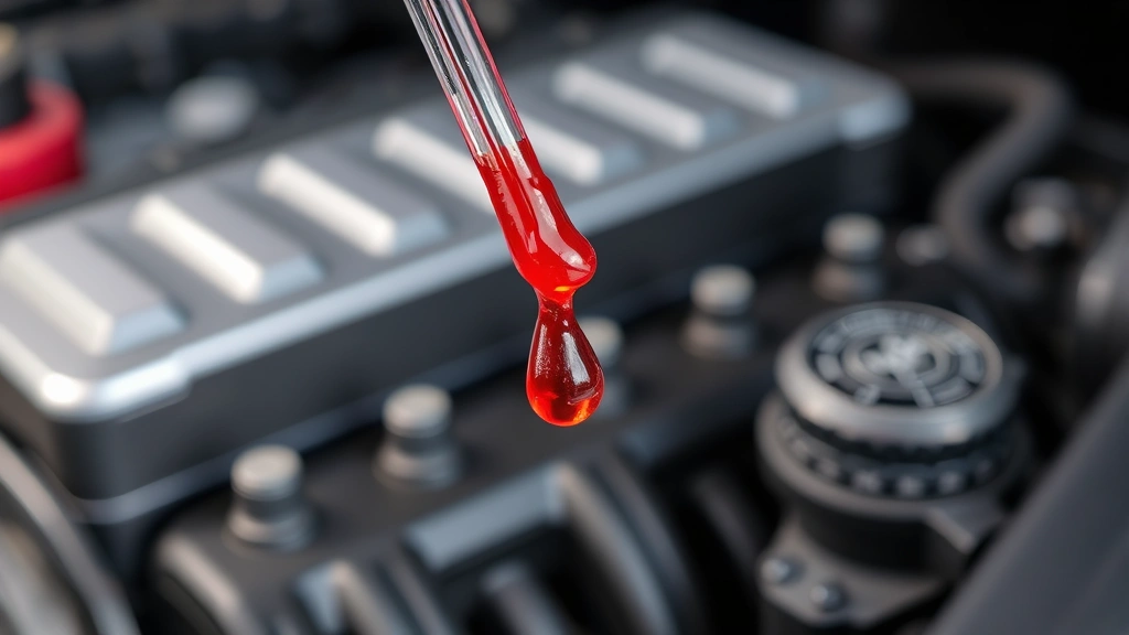 Close-up of a transmission dipstick being pulled from an engine bay, showing bright red fluid clinging to the stick against a clean engine background