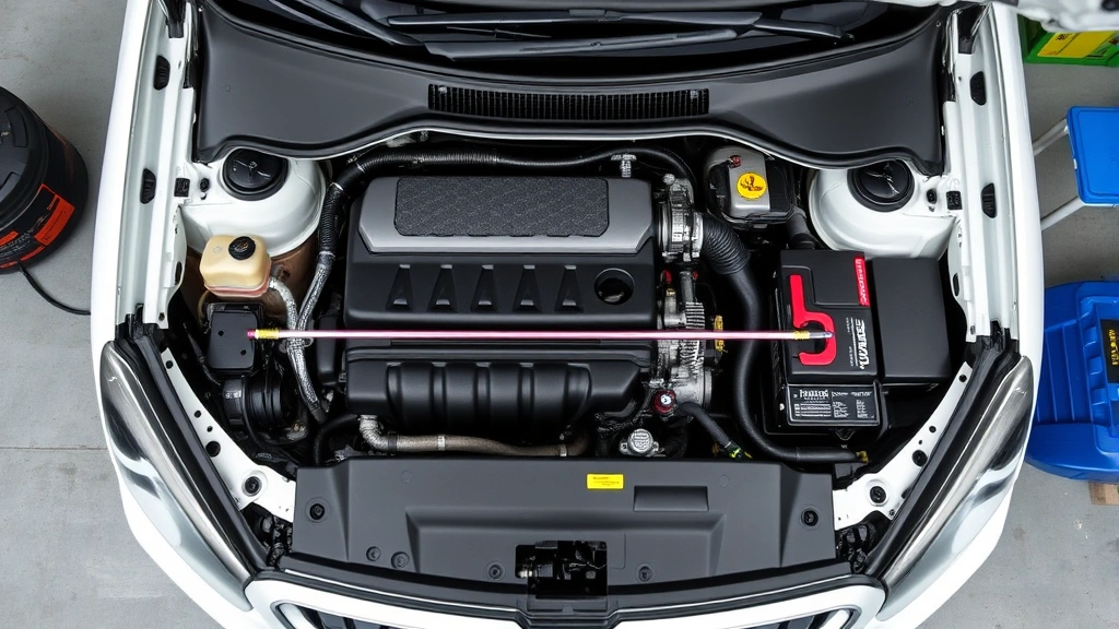 Overhead view of an open car hood with a transmission dipstick laid across the engine bay, surrounded by clean workspace and maintenance supplies