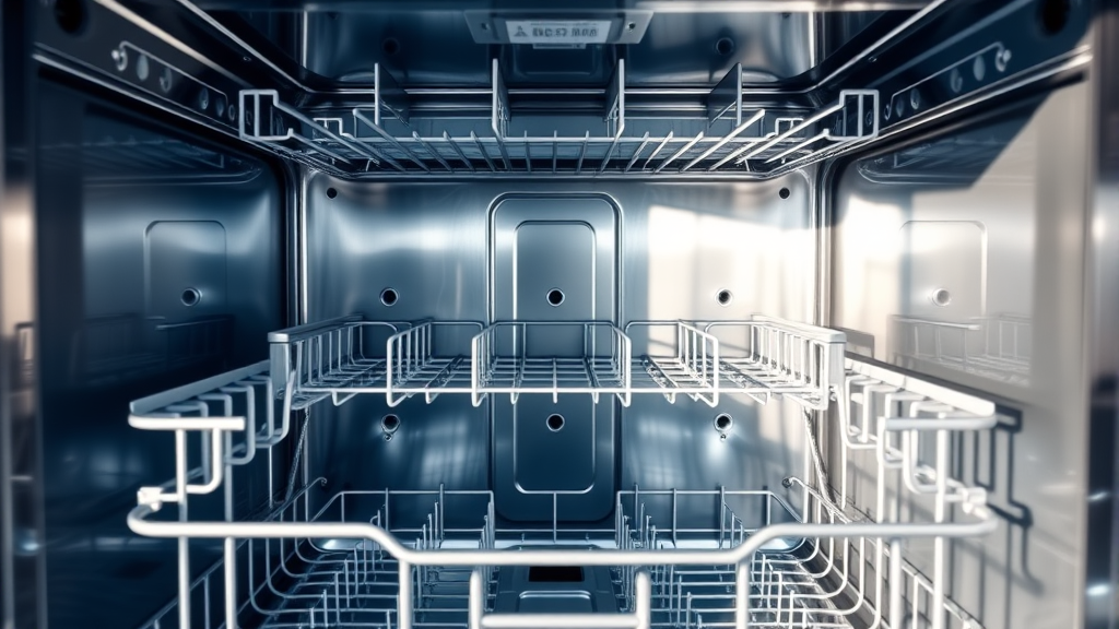 Clean modern dishwasher interior with sparkling stainless steel walls and empty racks, bright lighting, no text no words no letters